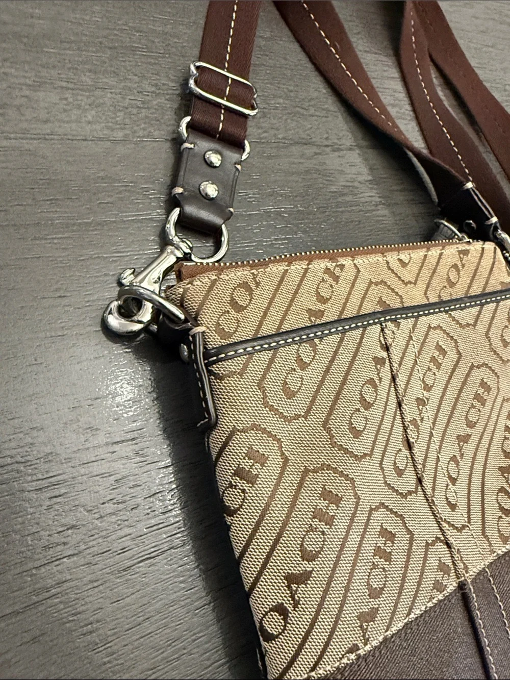 Coach Signature Jacquard North South Swingpack Crossbody Bag Brown Tan